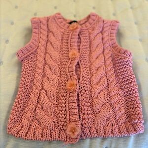 Pink Cable Knit Vest with Floral Buttons